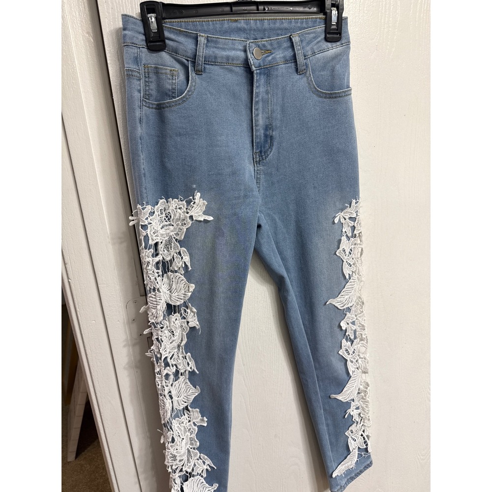 SHEIN Women Light Wash High Waisted Floral Crochet Lace Applique Skinny Jeans 28